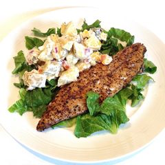 A picture of Warm Smoked Mackerel with Potato Salad.