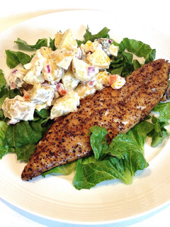A picture of Warm Smoked Mackerel with Potato Salad.