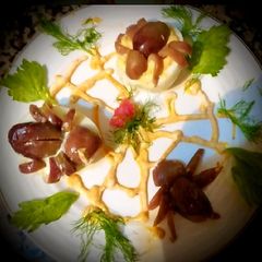 A picture of Mimosa eggs with tuna, creamy cheese, mayonnase, pepper paste.