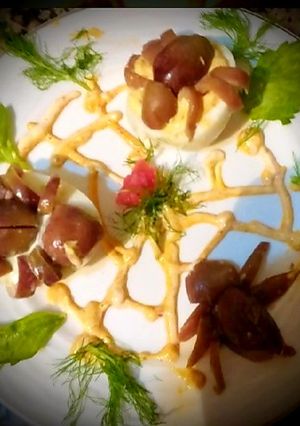 A picture of Mimosa eggs with tuna, creamy cheese, mayonnase, pepper paste.