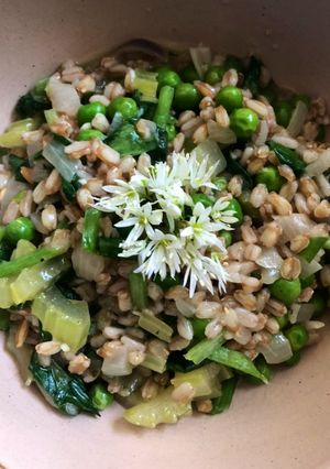 A picture of Wild garlic and pea spelt risotto - vegan.