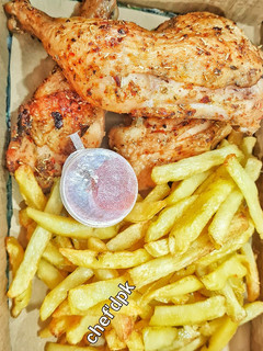 A picture of Oil free Chicken and Chips.