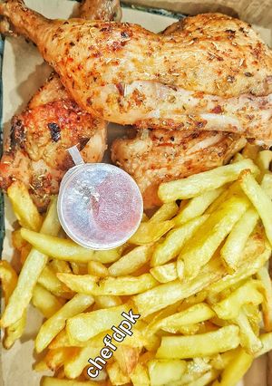 A picture of Oil free Chicken and Chips.