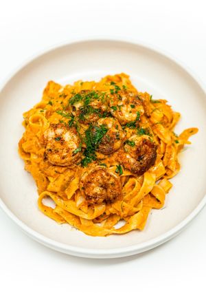A picture of Shrimp, Fennel, and Roma Tomato Two Ways Tagliatelle.