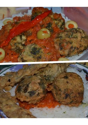 Una foto de Croquetas de acelga rellenas con sorpresa, en colchón de arroz con salsa estilo italiana