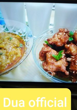 A picture of Mango Chicken bit's💞 with Kadu chicken😉 & metthi lassi😋.