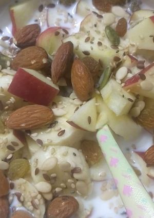 A picture of Over Night Soaked oat with fruits and dry fruits.