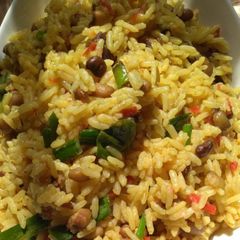 A picture of Jollof rice and beans.