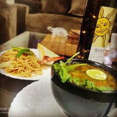 A picture of Lemon Coriander Soup and Chilli Garlic Noodles Restaurant Style.