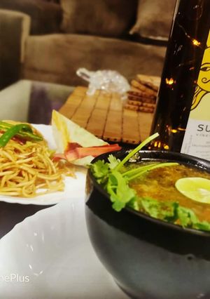 A picture of Lemon Coriander Soup and Chilli Garlic Noodles Restaurant Style.