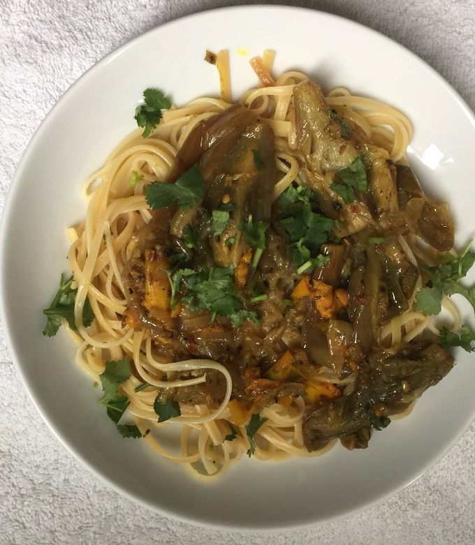 A picture of Spicy Eggplant and Pasta.