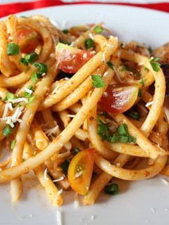 A picture of Pan fried chicken breast & Minced meat spaghetti.