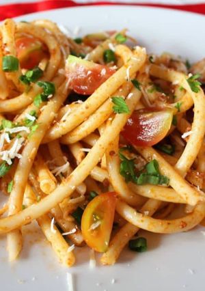 A picture of Pan fried chicken breast & Minced meat spaghetti.