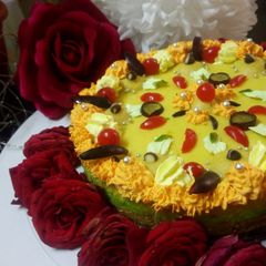 A picture of Baked kesar pista rabri cheesecake.
