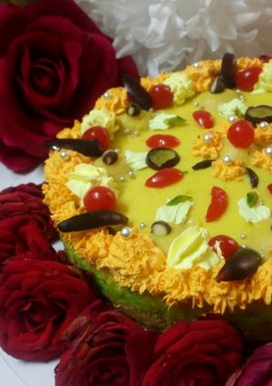 A picture of Baked kesar pista rabri cheesecake.