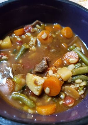 A picture of Beef and Barley Vegetable Soup.