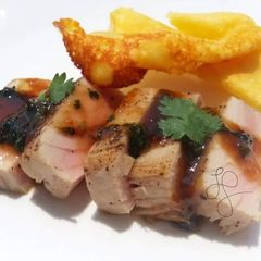 A picture of Tuna In Mustard Sauce And Crispy Parmesan.