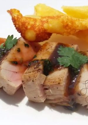 A picture of Tuna In Mustard Sauce And Crispy Parmesan.