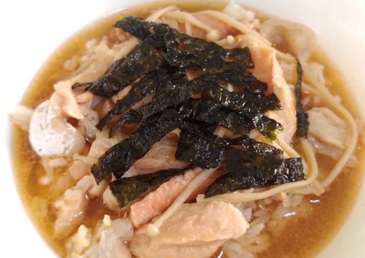Salmon belly soup with enoki and doenjang paste