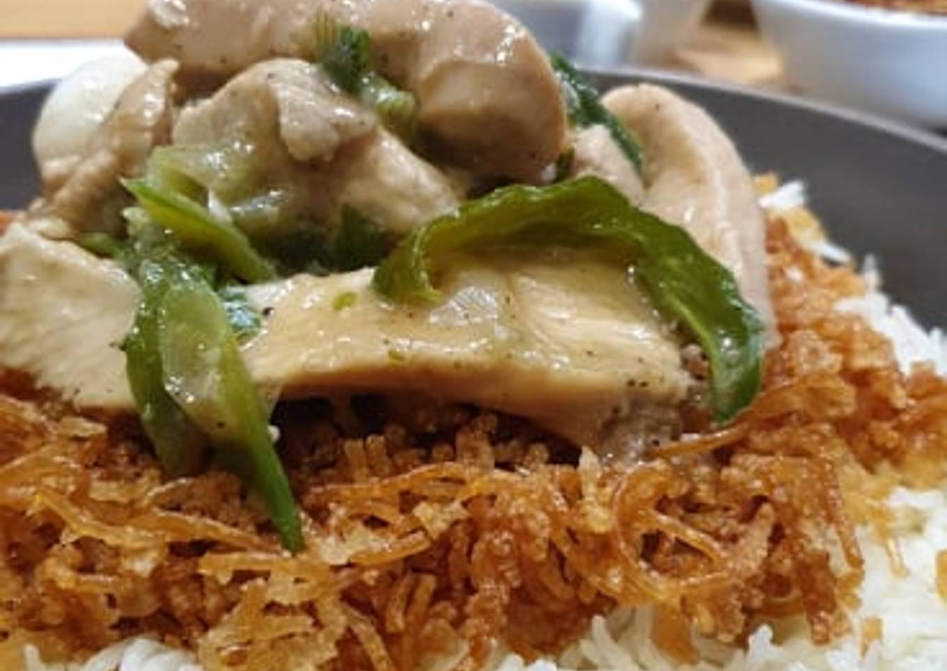 Ginger Chicken with Crispy Noodles & Garlic Rice