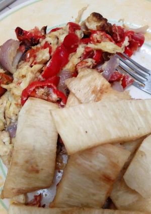 A picture of Fried Yam and Egg.