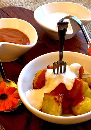 A picture of Patatas Bravas with Faux Aioli.