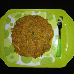 A picture of Beans with smoked mackerel and sausage and veggies.
