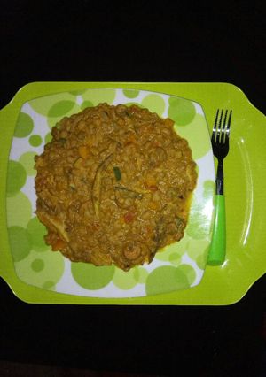 A picture of Beans with smoked mackerel and sausage and veggies.