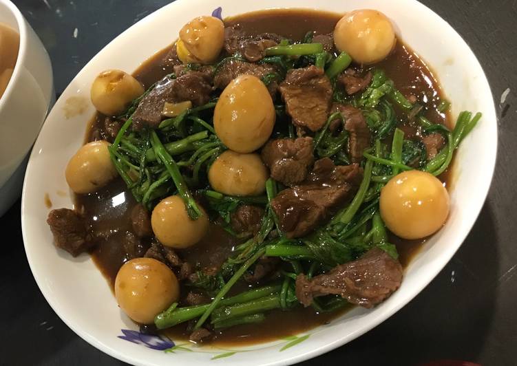 Resep Kangkung cah sapi dan telur puyuh yang Enak Banget