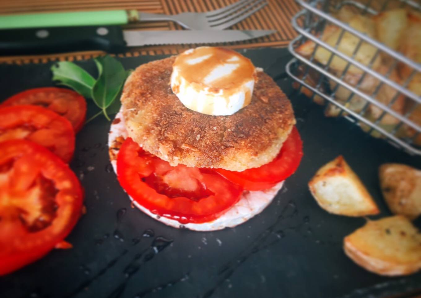 Hamburguesas de calabaza- berenjena con queso de Cabra y miel de caña