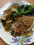 Baked hake with Parmesan crumb, potatoes + leeks