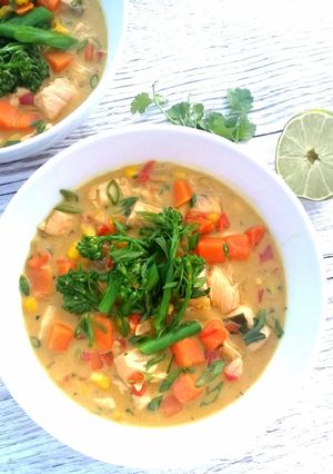 A picture of Thai style salmon chowder.