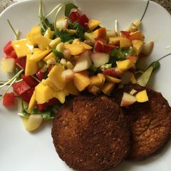 A picture of Jalapeño, mango salad with tofu patties.