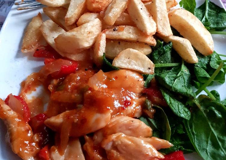 Recipe of Perfect My So Sweet Chilli Chicken with Spinach also Homemade Chips. 😀