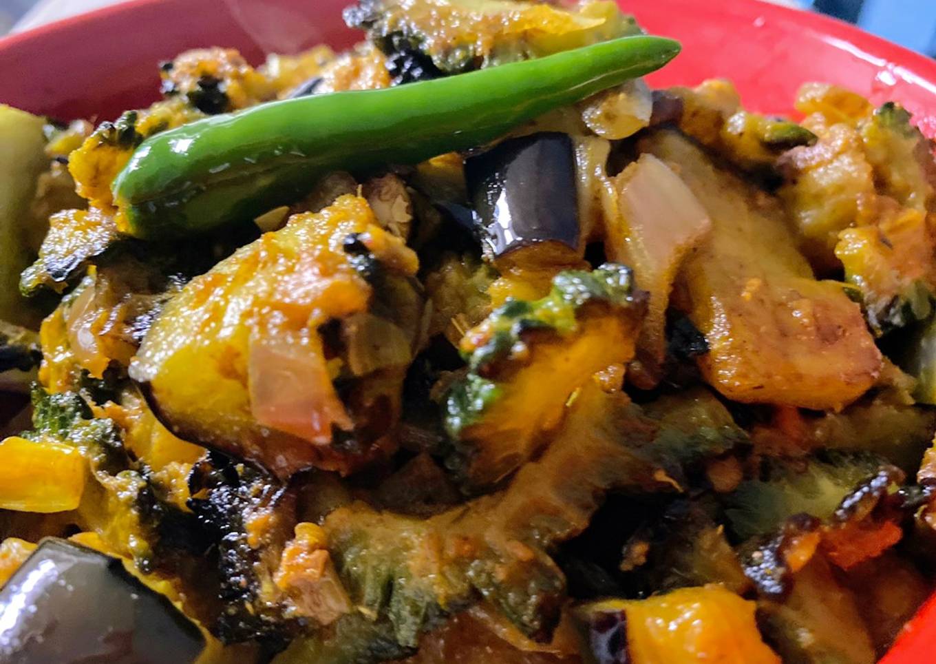 Karela baingan masala fry (bittermelon eggplant spicy fry)