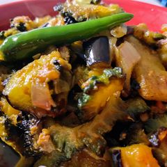 A picture of Karela baingan masala fry (bittermelon eggplant spicy fry).