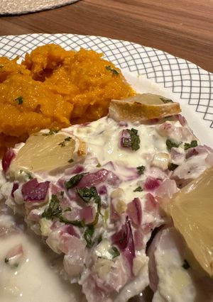 Una foto de Brótola con crema de limón y mostaza (versión fit)