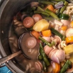 A picture of Sausage Fussili and Veg Soup.