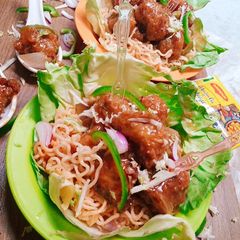 Garlic Maggi noodles and dry potato manchurian A picture of Garlic Maggi noodles and dry potato manchurian.