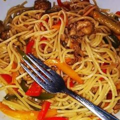 A picture of Pasta Mixed with sausage.