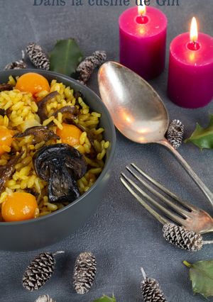 Une photo de #riz Risotto safrané à la butternut et aux champignons