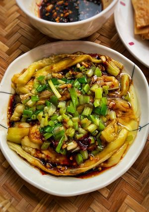 Hình của món Cà Tím Nướng Mỡ Hành Chay.