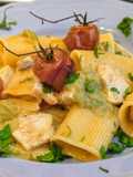 Paccheri Rigati, crema di Melanzane, Pesce Spada e Pomodorini