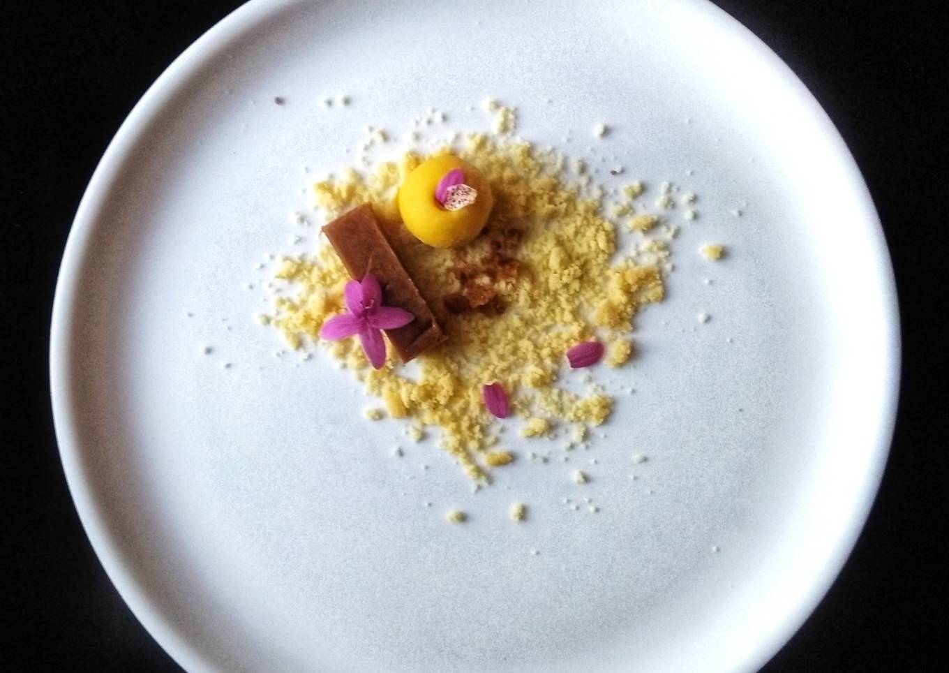 Deconstructed cocoa Mysore Pak, Mango Besan ladoo with Cashew Vanilla Crumb