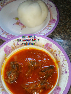 A picture of Pounded yam with stew.