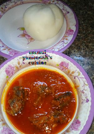 A picture of Pounded yam with stew.