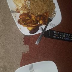 A picture of Noodles and fried plantain.