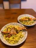Pasta with avocado sauce served with fried soft shell crab