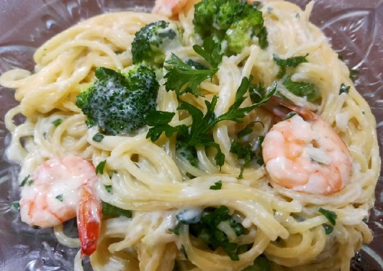Resep Spaghetti Shrimp Brocoli carbonara Jadi, mengenyangkan