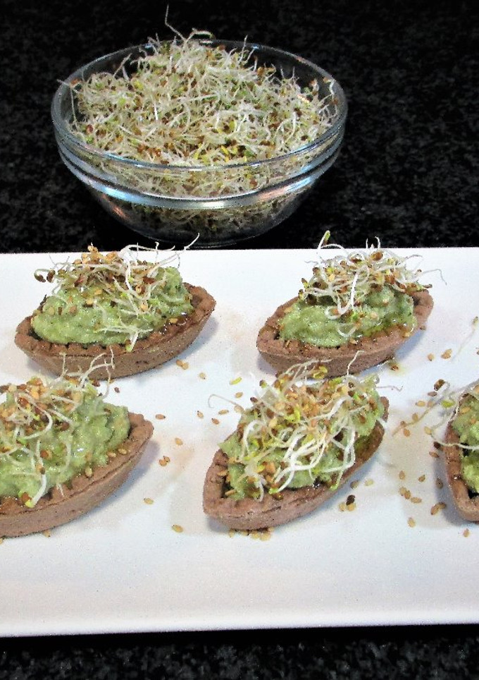 Una foto de Tartaletas al cacao con aguacate al queso y germen de alfalfa